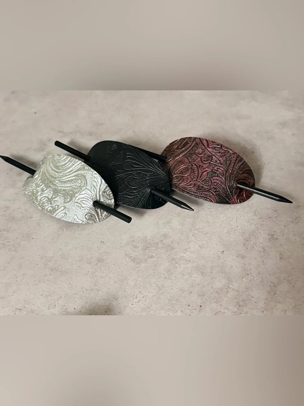 3 Embossed Oval Hair Slides Clip - Black , Pinkish, Silver Hair Accessories